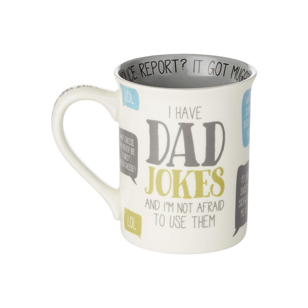Onim mug in dark stoneware with white dad joke text on front, back, and rim.