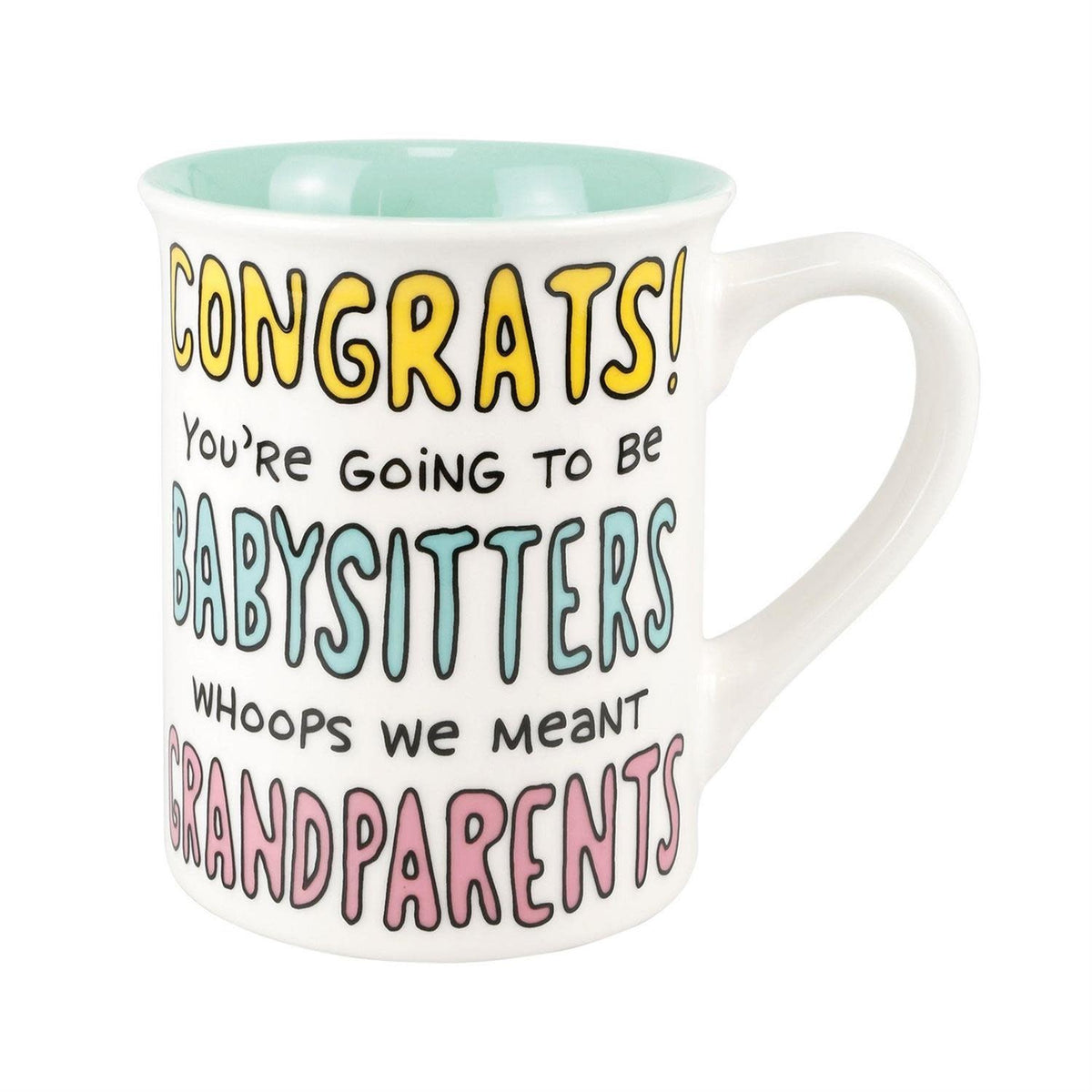 Front view of a white stoneware Onim mug with black text reading 'Grandparents Babysitters' on the front.