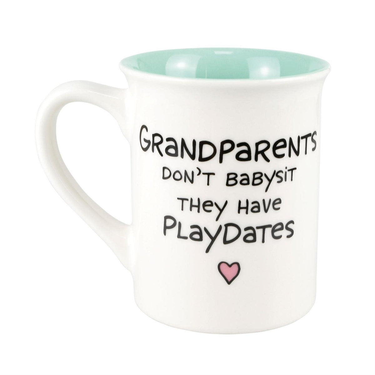 Onim mug in stoneware with humorous front, back, and rim messaging about grandparents and babysitters.