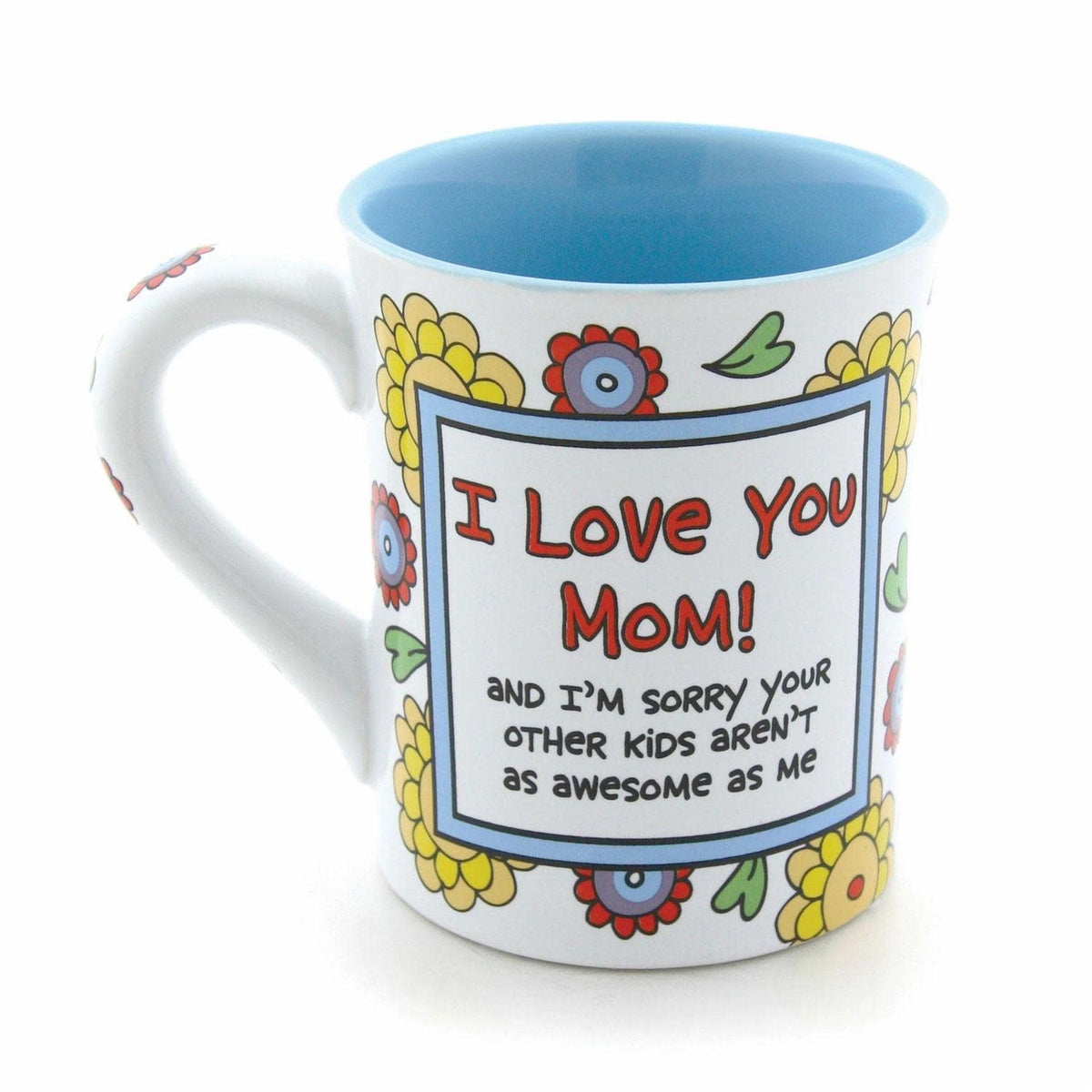 Onim mug with 'I love you Mom' text on front rim in black stoneware