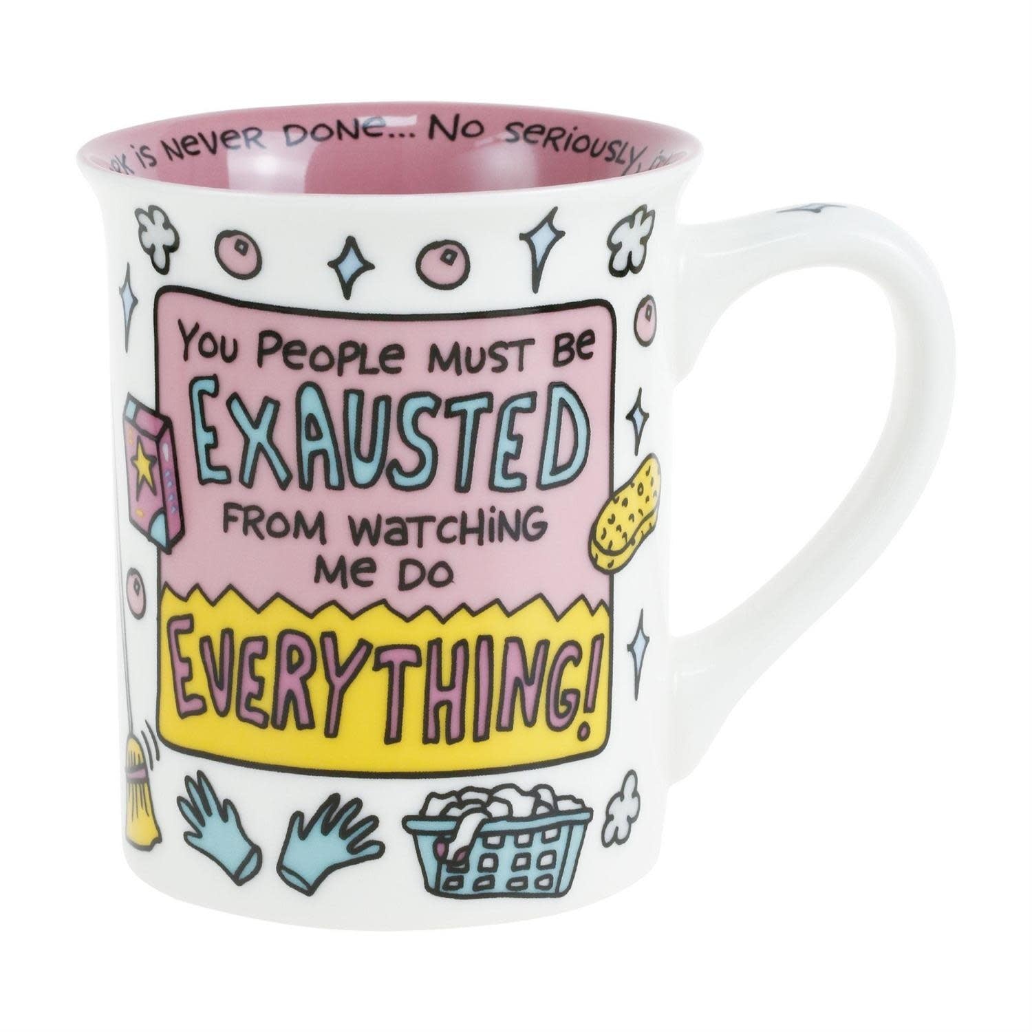 Front view of a white stoneware Onim mug featuring black text reading 'Mom Exhausted Resting' on the front.