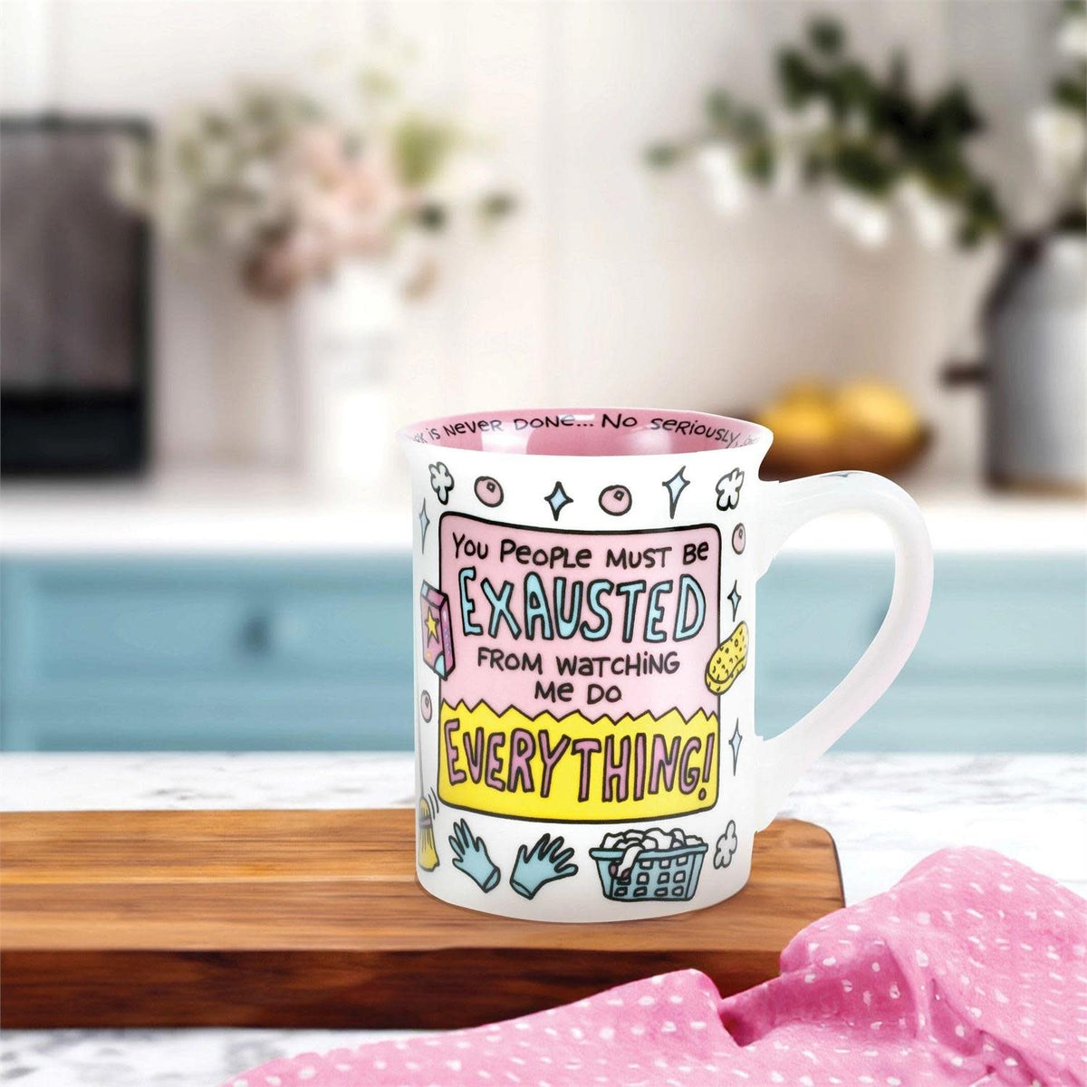 Onim mug in stoneware with humorous front, back, and rim messaging.
