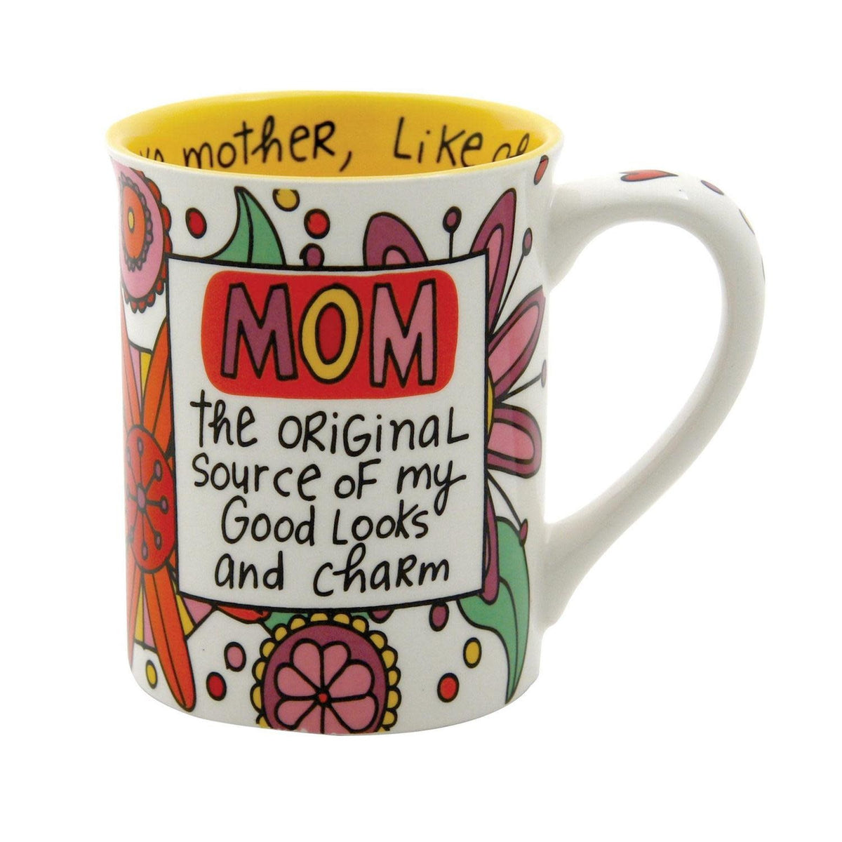Front view of a white stoneware Onim mug with black text reading 'Mom the Original' on the front.