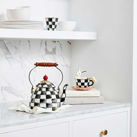Enamel tea kettle with Courtly Check pattern, wood handle, brass accents, and bronzed stainless steel rim.