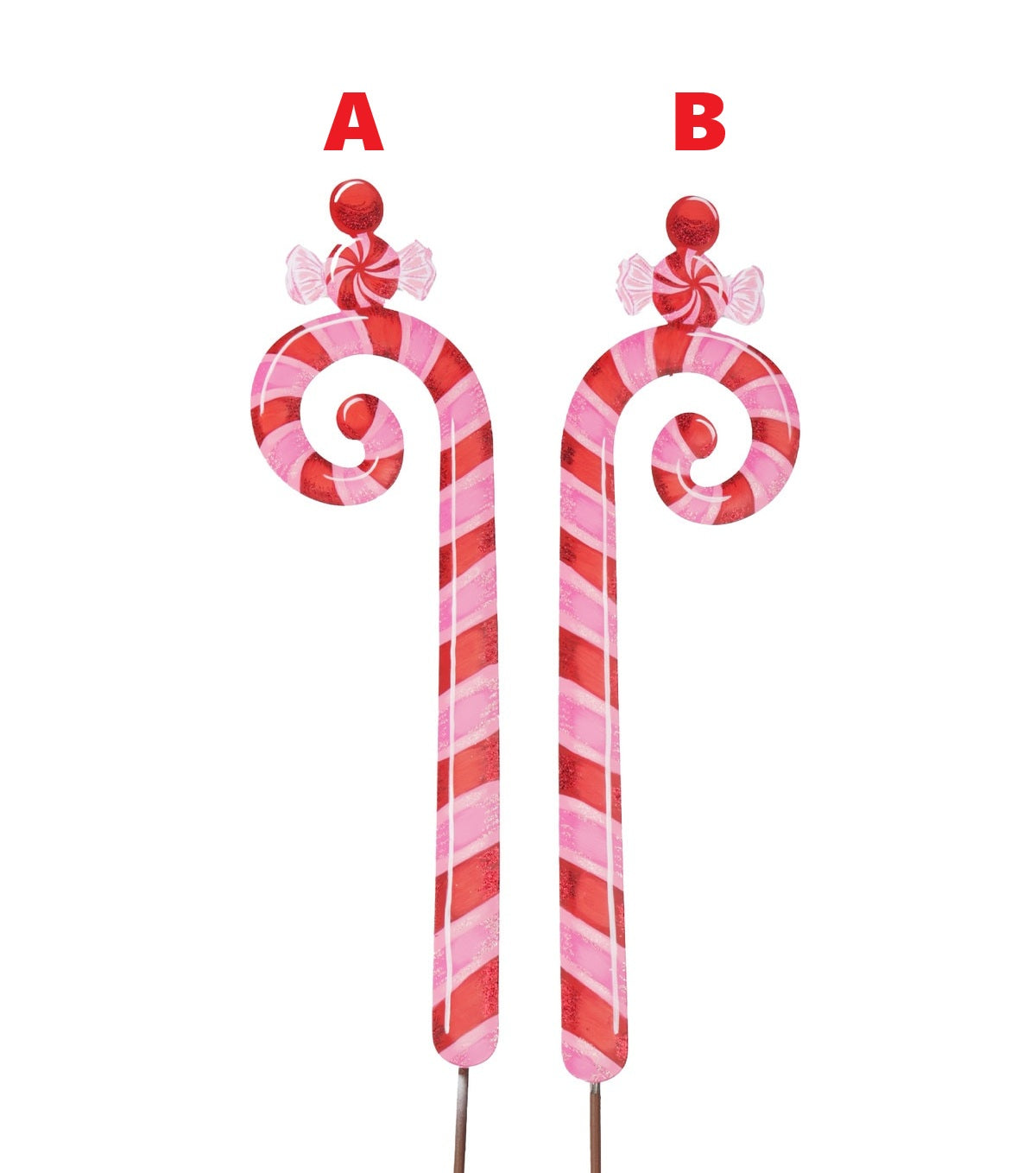 Pinkmas Candy Cane stake decoration in pink with white striped pattern