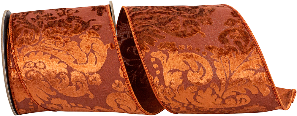 4-inch copper velvet wired edge ribbon with an elegant burnout filigree design.