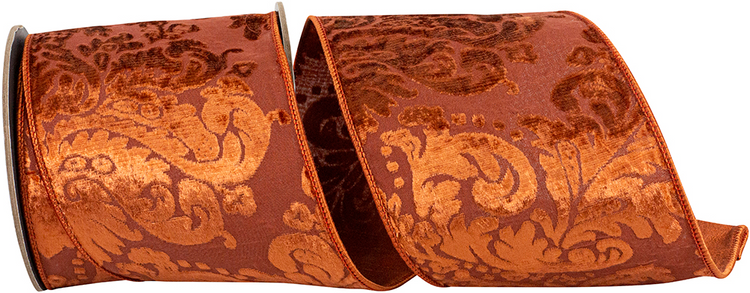 4-inch copper velvet wired edge ribbon with an elegant burnout filigree design.