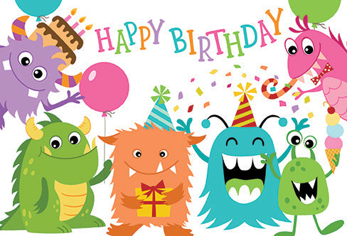 Colorful birthday card featuring friendly cartoon monsters, a cake, and Happy Birthday text.