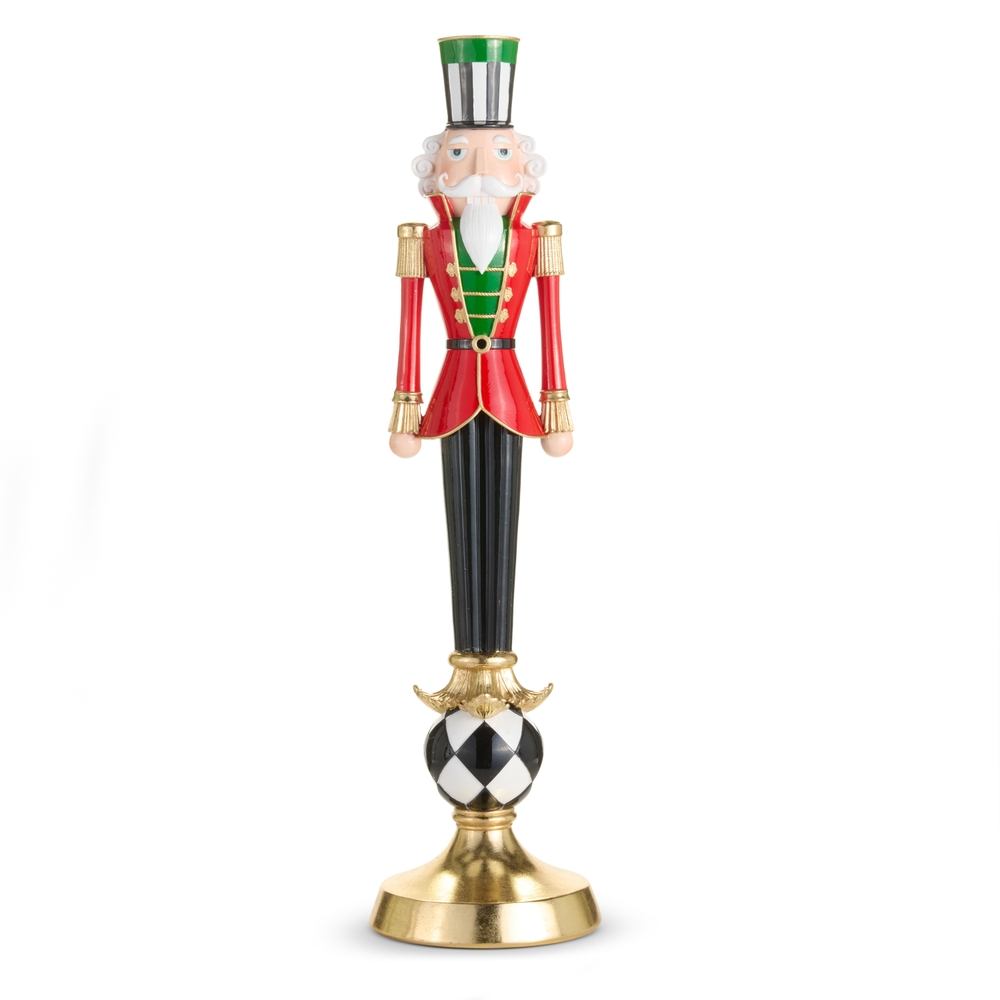 24-inch nutcracker in a red jacket and tall hat standing on a black and white harlequin base.