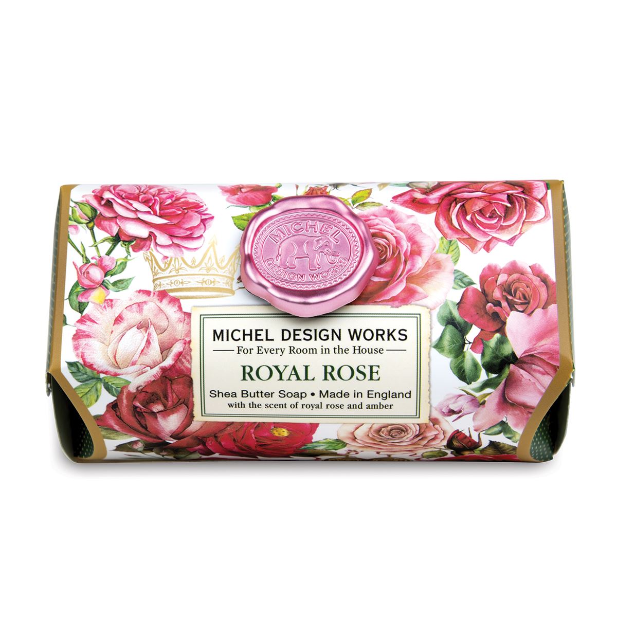 Michel Design Works Royal Rose shea butter soap bar with floral print and a pink wax seal emblem.