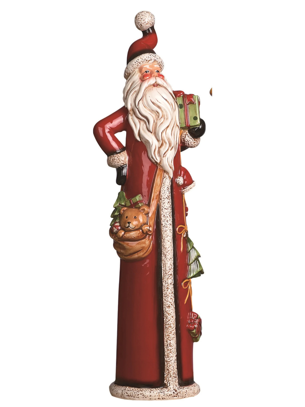 Tall red dolomite Santa figurine holding a green gift and a bag with a teddy bear.