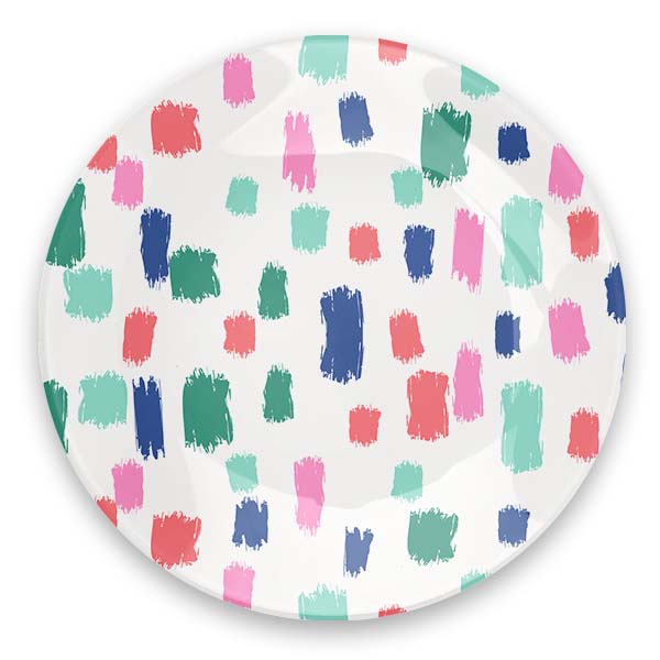 6-inch round white glass trinket tray with a colorful confetti brushstroke pattern.