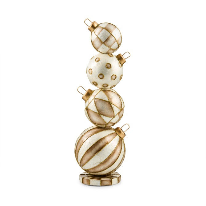 Mocha Capiz Ornament Topiary featuring four stacked ornaments with gold and white patterns.