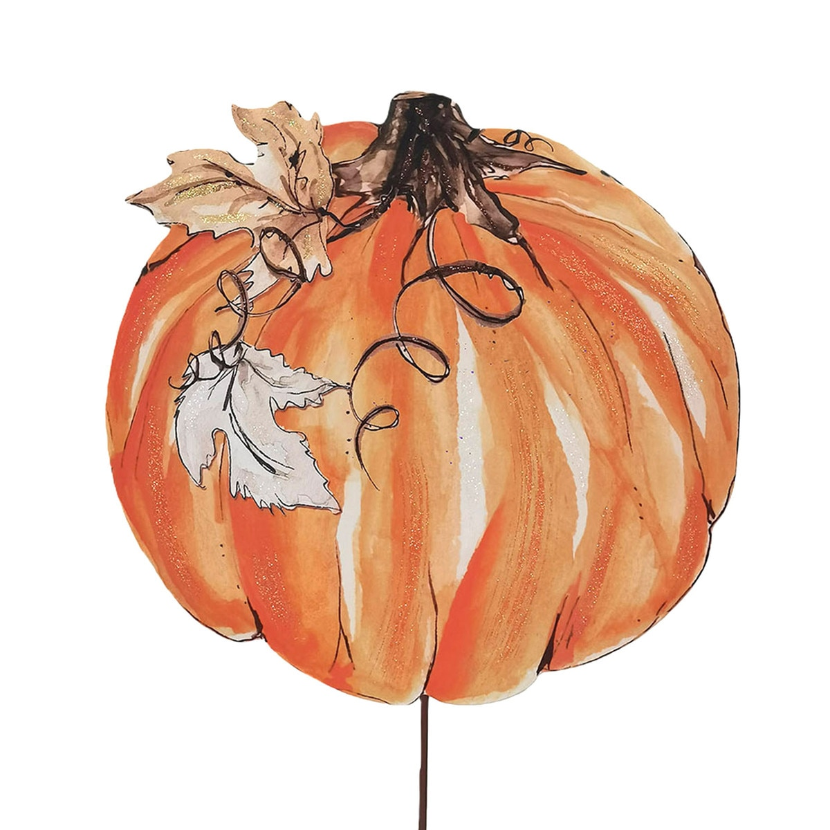Festive orange watercolor-style pumpkin decoration with leaves and a metal stake.