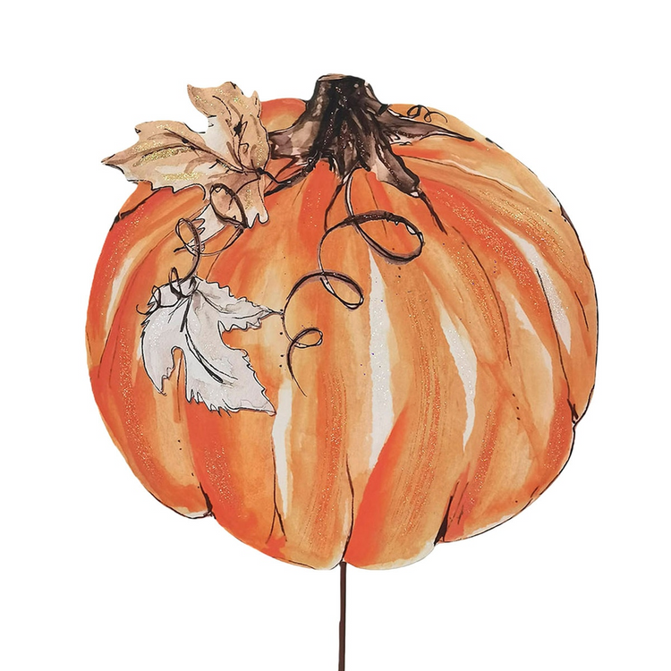 Festive orange watercolor-style pumpkin decoration with leaves and a metal stake.