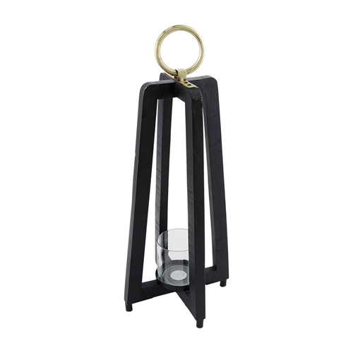 Black tall lantern made from mango wood with a cylindrical silhouette.