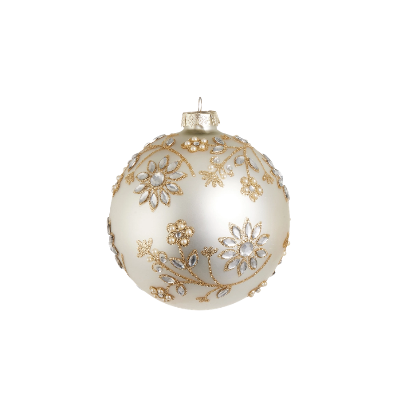 5-inch matte champagne glass ball ornament with gold glitter floral patterns and jewel accents.