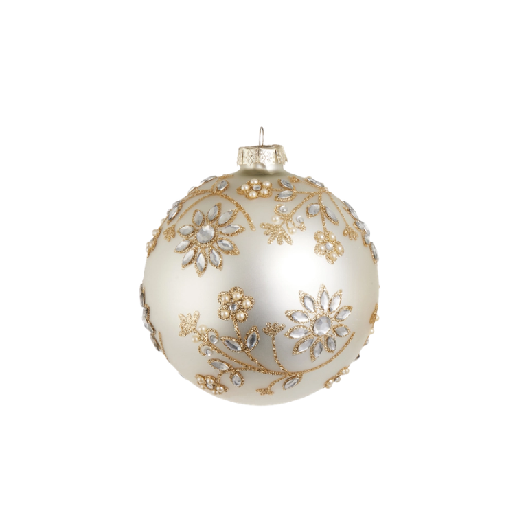 5-inch matte champagne glass ball ornament with gold glitter floral patterns and jewel accents.