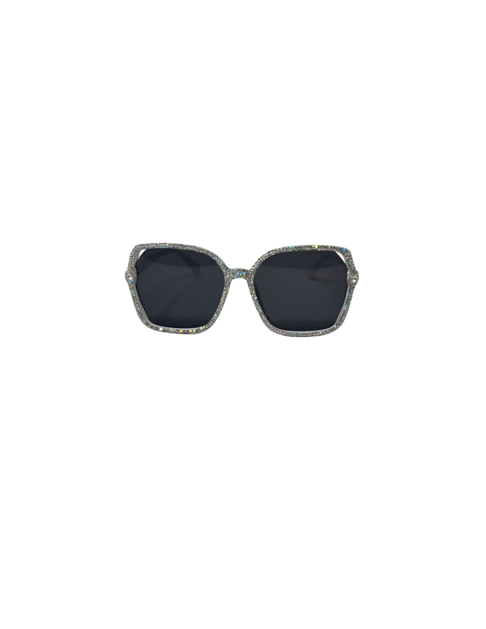Square black lens sunglasses with silver rhinestone-encrusted frames.