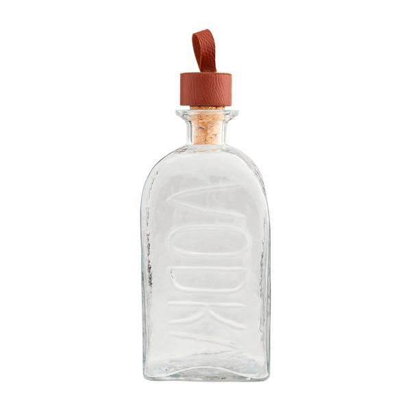 Embossed glass decanter with cork stopper featuring a genuine leather loop topper.