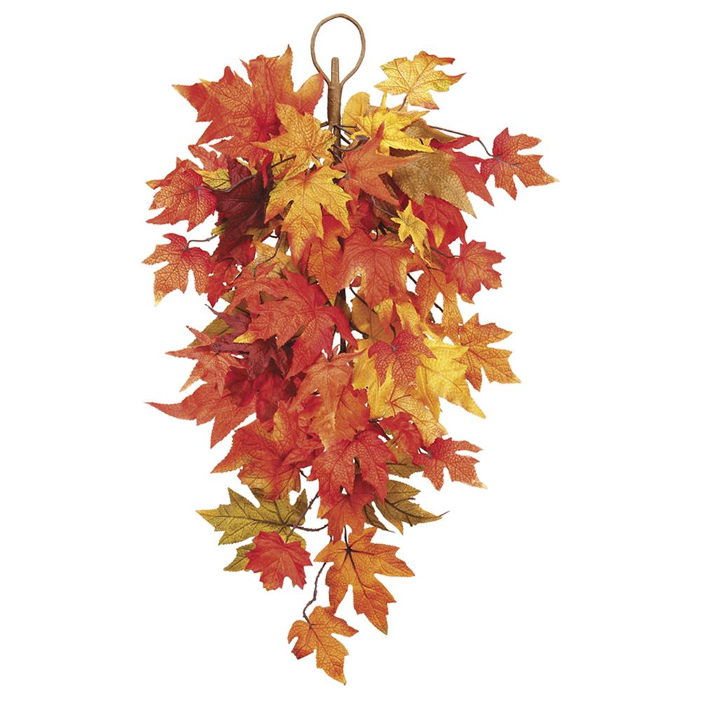 30-inch maple leaf door swag featuring vibrant orange, red, and yellow autumn leaves.