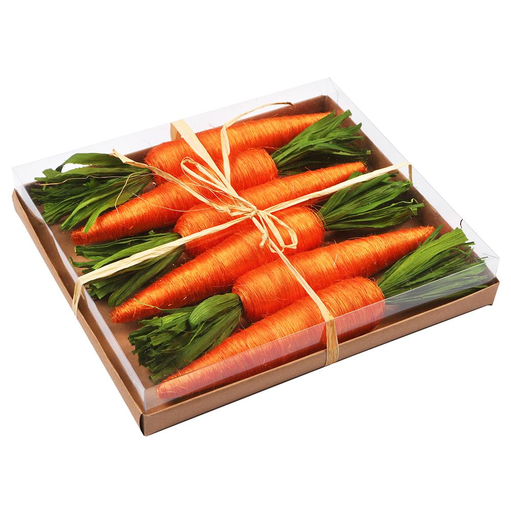 Set of three carrot-shaped planters in orange with a natural woven texture made from sisal and corn husk.