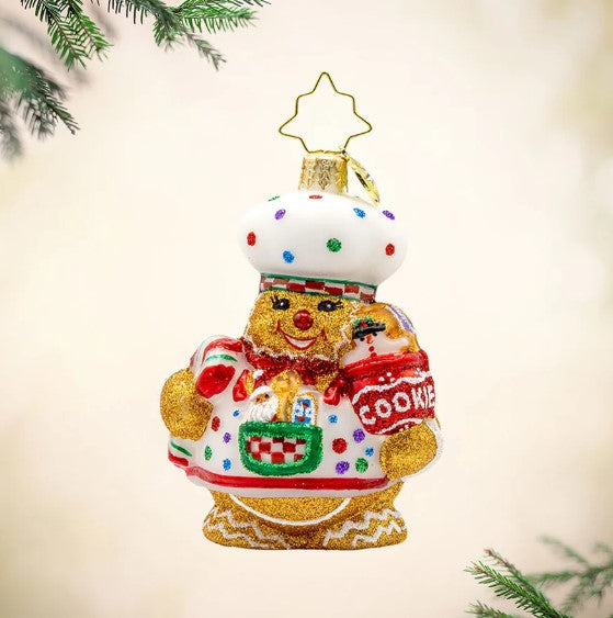 Sugary Chef Gem gingerbread man Christmas ornament wearing a chef's hat and holding a cookie jar.