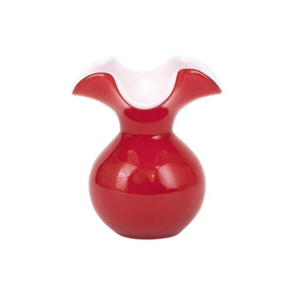 Red Hibiscus glass bud vase with a ruffled white rim and a round base.