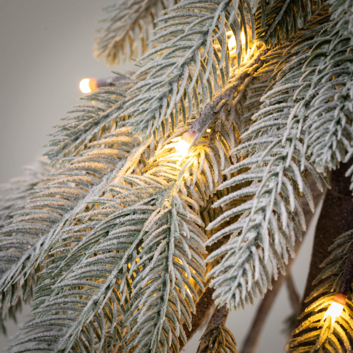 Close-up of a flocked droopy tree branch with warm white lights and artificial snow.