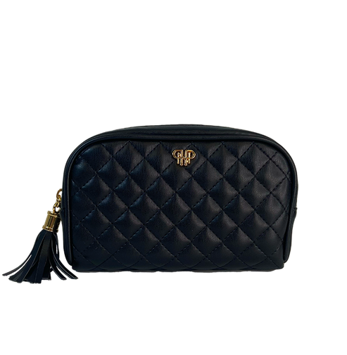 Small black vegan leather makeup case with blush pink cotton interior lining.