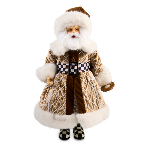 Gingerbread Fabric Mr. Santa figurine in a quilted tan coat with white fur trim and checkered belt.