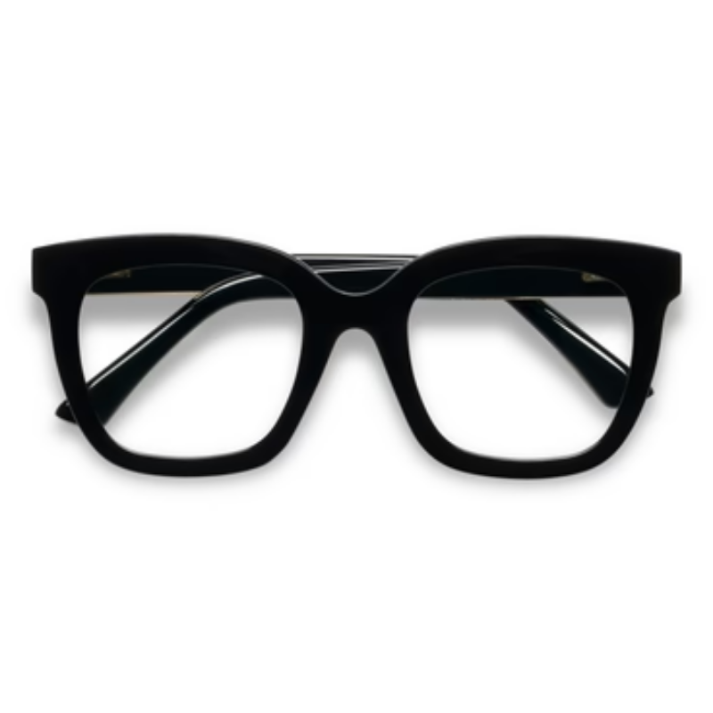 Fanfare Progressives: Thick black square-framed glasses with clear blue light filtering lenses.