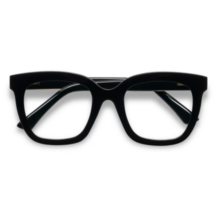 Fanfare Progressives: Thick black square-framed glasses with clear blue light filtering lenses.