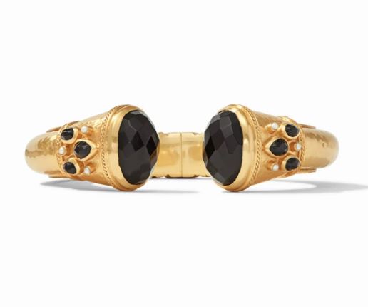 Obsidian black leather cuff bracelet with cassis-inspired geometric detailing