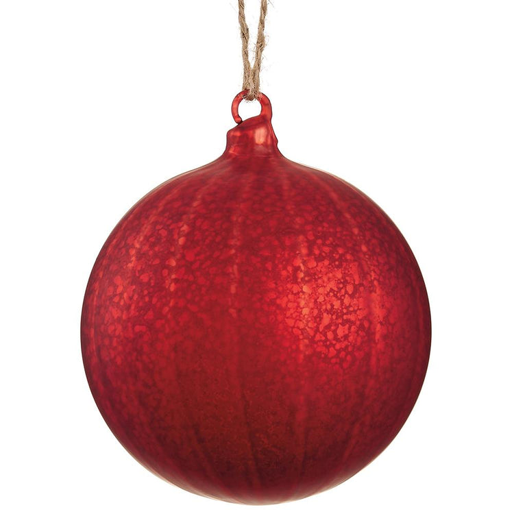 4.75-inch red glass ball ornament with a textured, speckled finish and twine hanging loop.