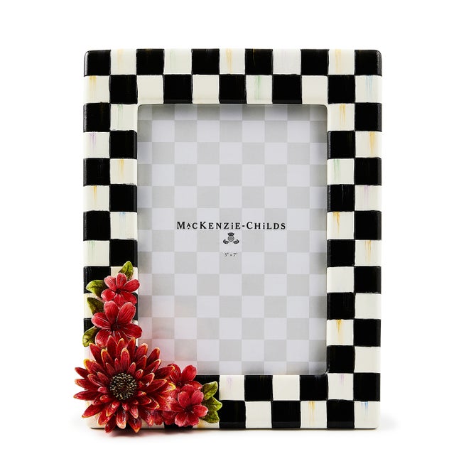 Hand-painted resin frame with glass insert featuring Courtly Check pattern and dimensional floral accents in a rectangular silhouette.