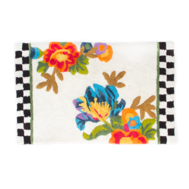 White Flower Market bath rug with floral pattern on thick cotton pile