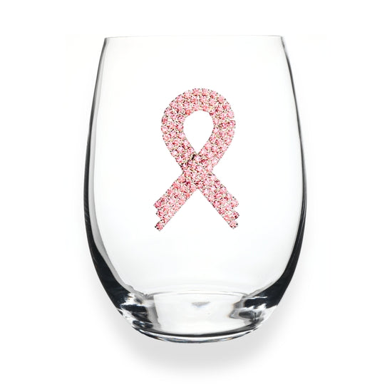 Handcrafted stemless wine glass with jeweled embellishments around the rim in clear crystal.