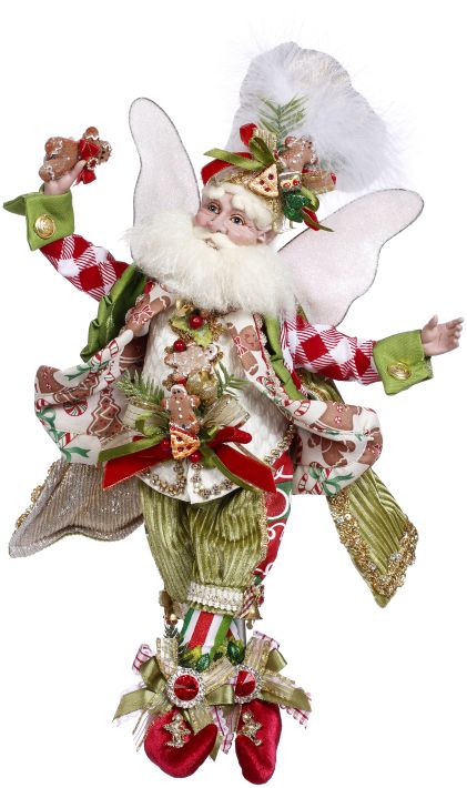 Gingerbread-themed fairy with red and white gingham, green velvet pants, and red shoes.