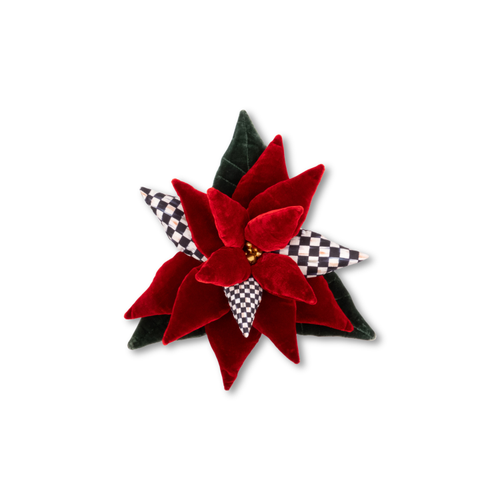 Red velvet poinsettia with checkered and green leaf accents and gold center beads.