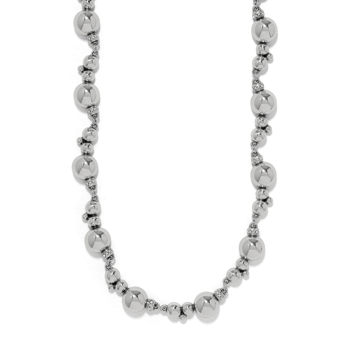 Meridian Stargazer silver plated collar necklace with varying sizes of polished silver beads.