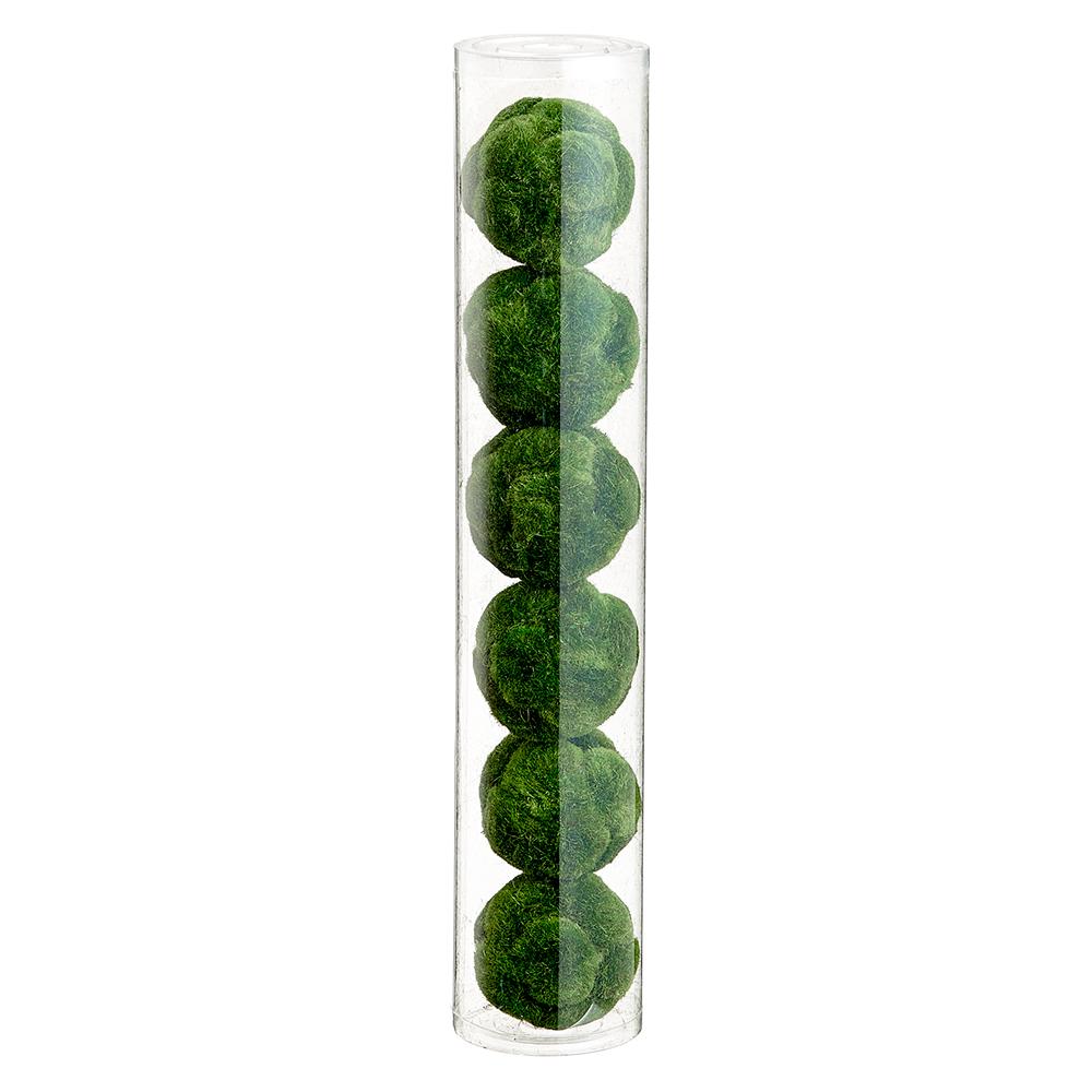 Green moss orb made of jute with a spherical shape.