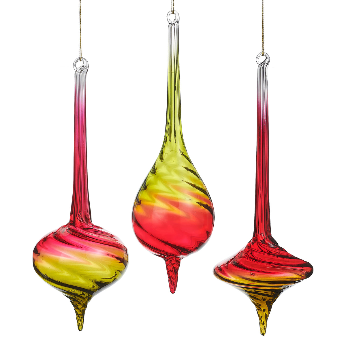 Set of three 9.5-inch glass finial ornaments with red and green ombre swirl designs.