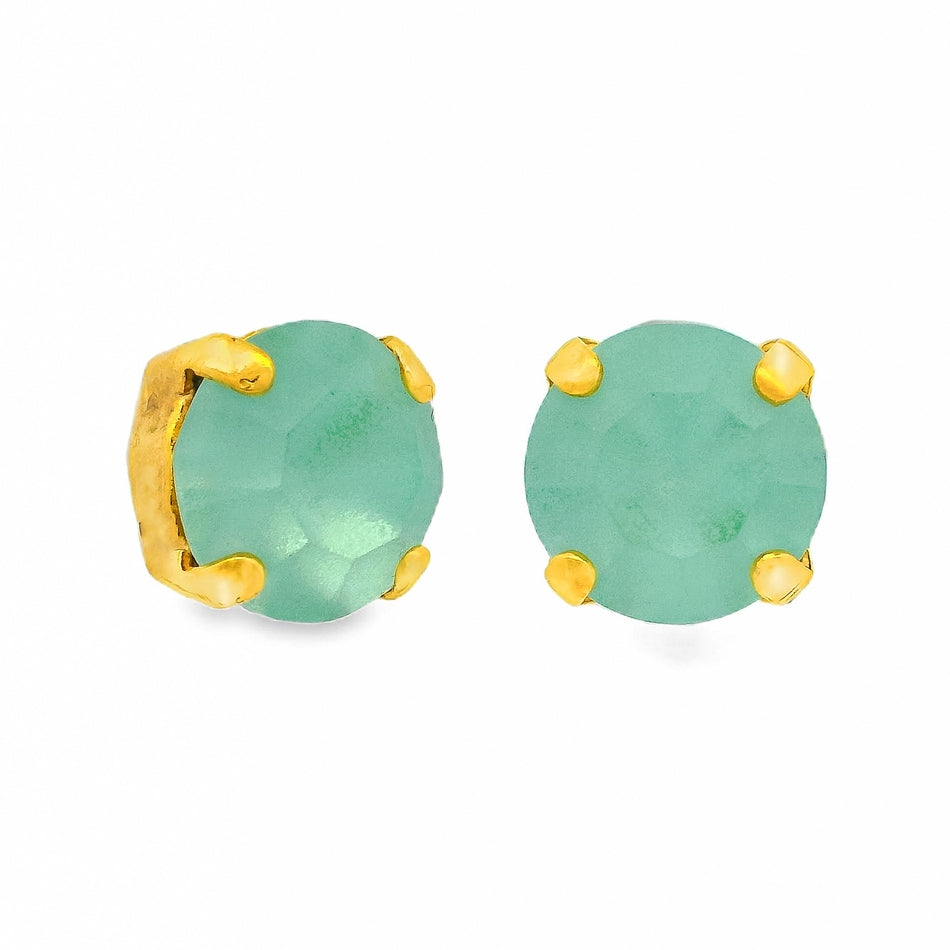 Oakland Studs featuring round Pacific Opal crystals in a four-prong gold setting.