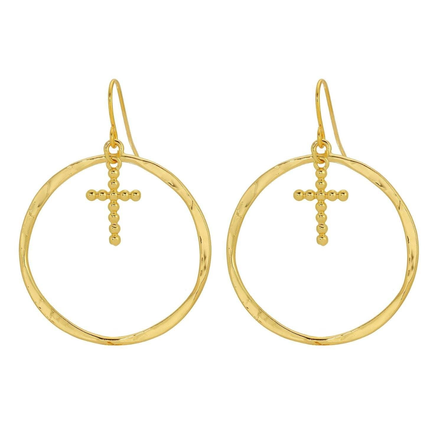 Open drop earrings featuring a cross charm on an 18k gold plated brass base.