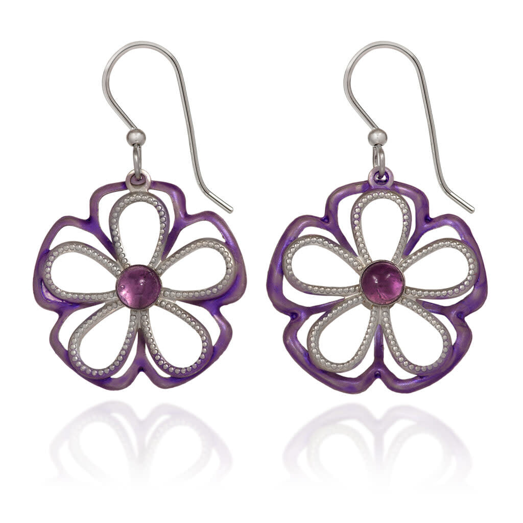 Open flower earring with surgical steel hook featuring a genuine amethyst cabochon center and tarnish-resistant silver tone plating.