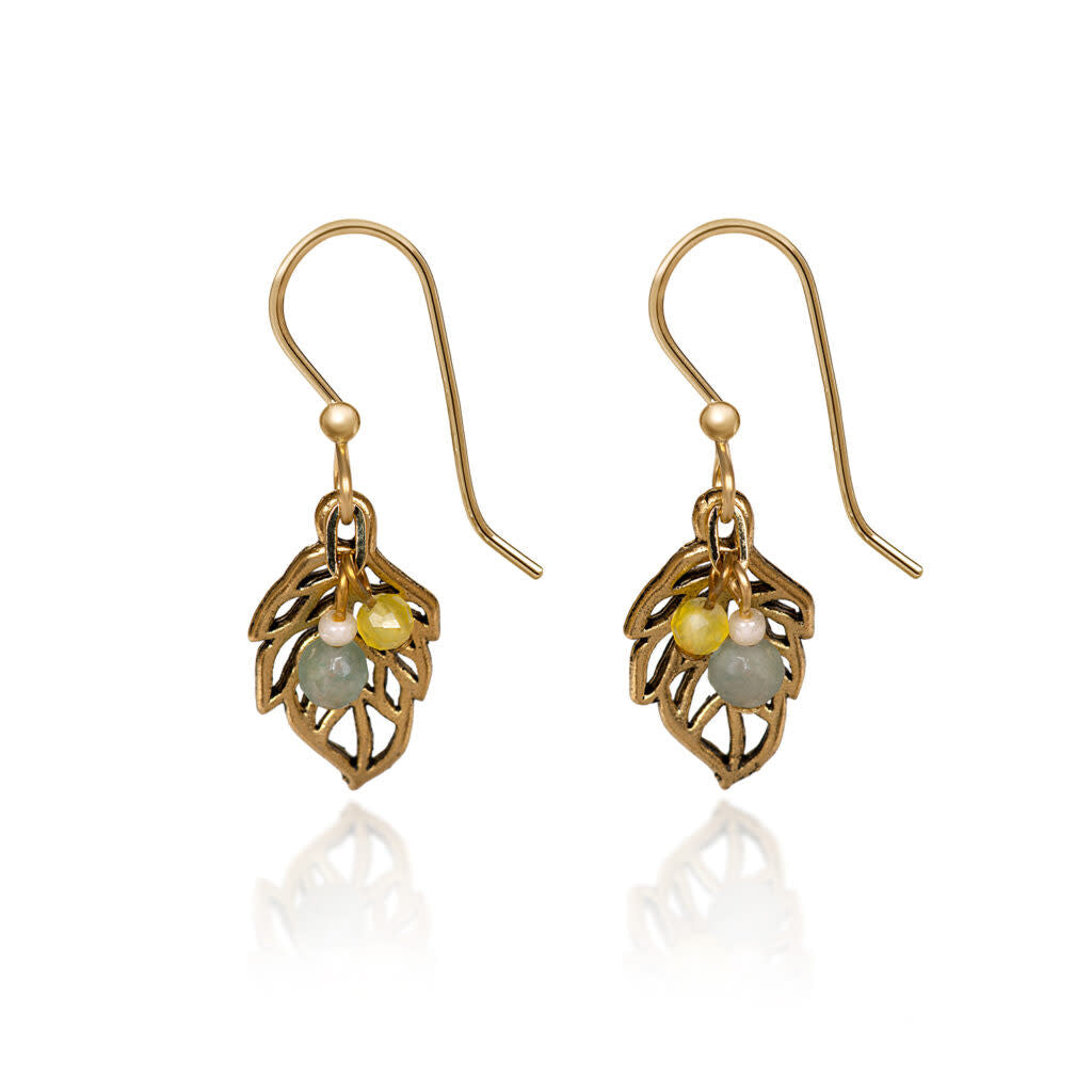 Open leaf drop earrings with cascading colored beads in tarnish-resistant gold finish