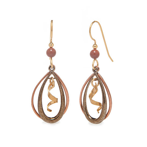 Open teardrop duo earrings with spiral accents in raw brass featuring semi-precious stones and glass beads.