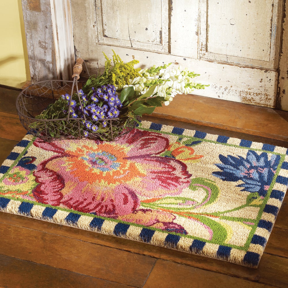 Flower Market Entrance Mat featuring a large pink flower and blue floral design on natural coir.