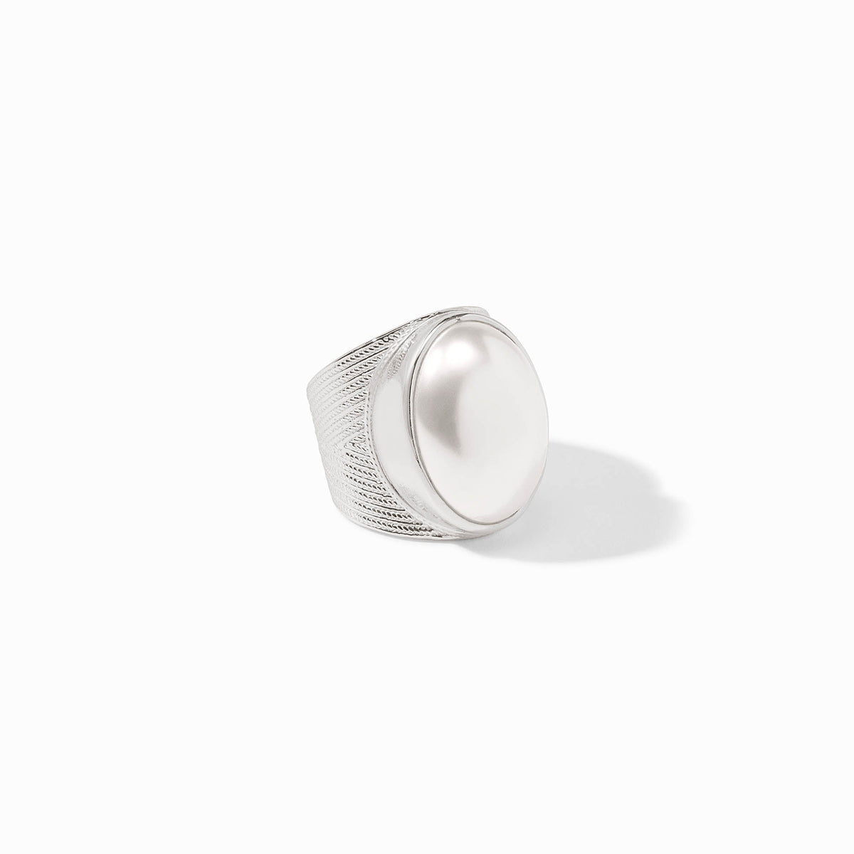 Silver adjustable statement ring with imported glass stone featuring a Julie Vos hallmark.
